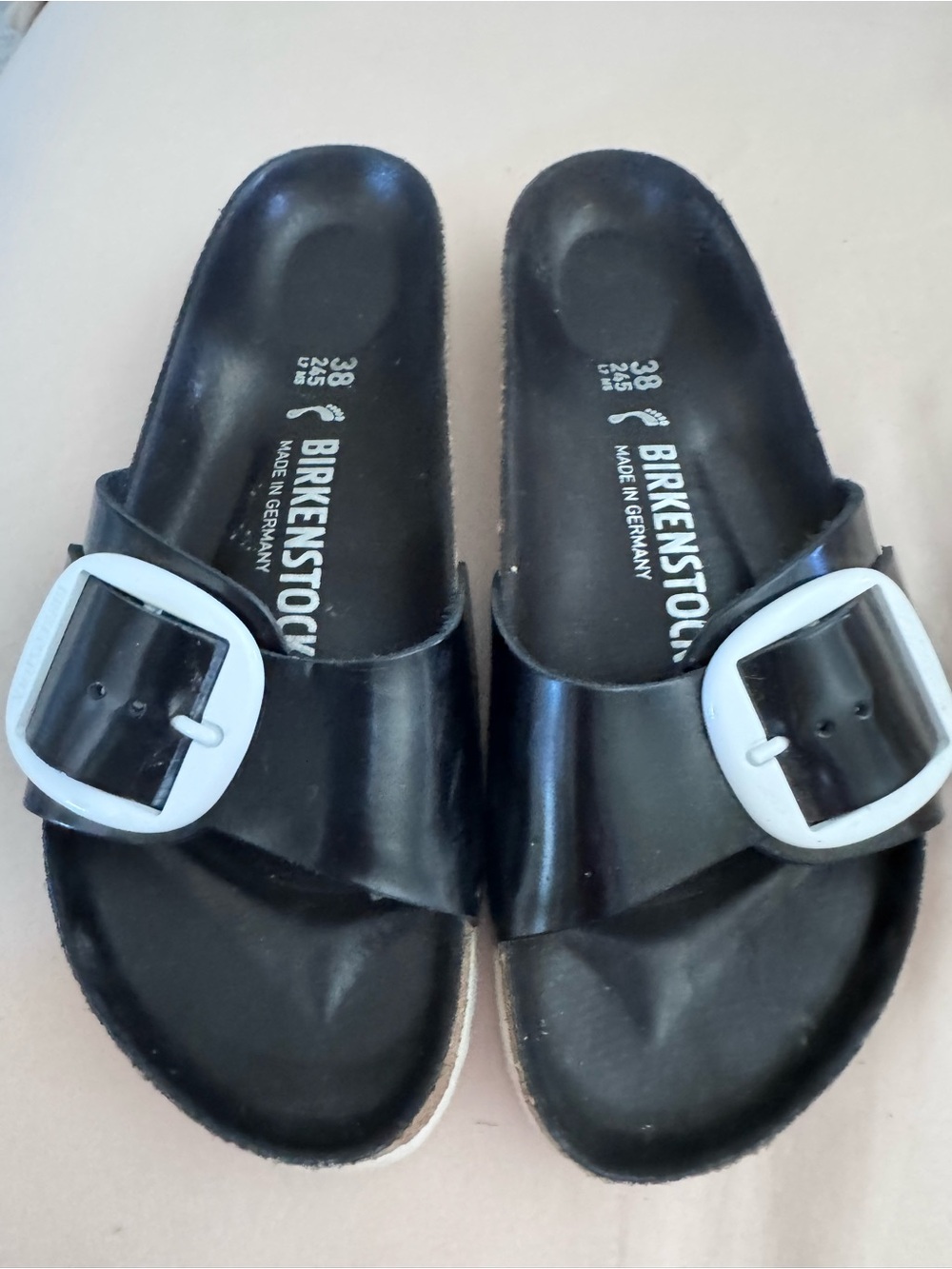 Birkenstock Black Slide Sandals with White Buckles - Picture 2 of 6